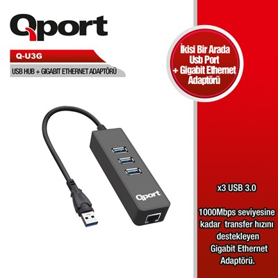 Qport Q-U3g Usb3.0 To 3 Port Usb   Rj45 Ethernet Hub