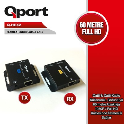 Qport (Q-Hex2) 60 Metre Cat5/Cat6 Hdmı Extender Donusturucu 2 Lı Paket
