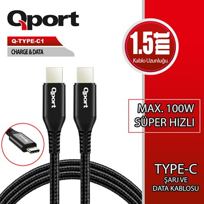 Qport Q-Type-C1 1.5M Type-C 100W Super Hızlı Pd Sarj Ve Data Kablosu