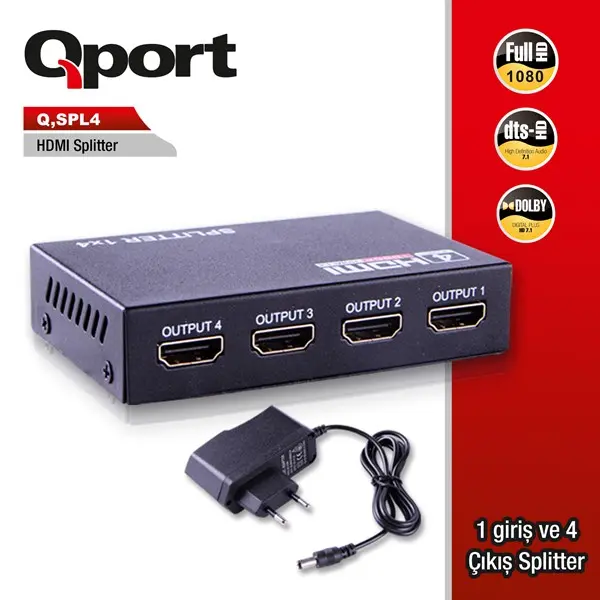 Qport (Q-Spl4) Full Hd 1 Gırıs 4Cıkıs Hdmı Splıtter (Sınyal Cogaltıcı)