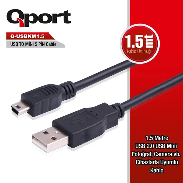 Qport (Q-Usbkm1.5) Usb2.0 To Mını Usb 1.5M Data Kablo