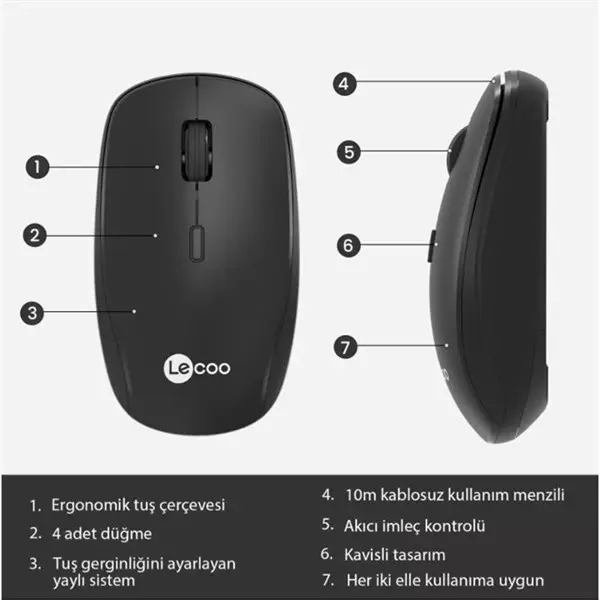 LECOO WS203 KABLOSUZ 2400DPI 4 TUŞLU OPTİK MOUSE SİYAH