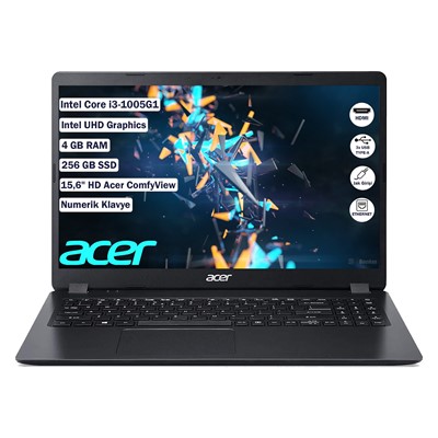 Acer Ex215-52 Nx.Eg8ey.001 I3-1005G1 4Gb 256Gb Ssd O/B Vga 15.6" Freedos Siyah Notebook