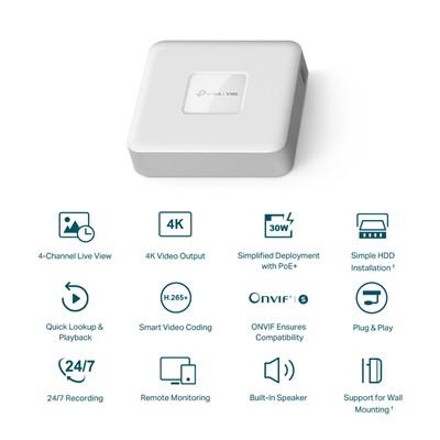 TP-LINK VIGI NVR1104H-4P 4 KANAL POE 2xHDMI 1xVGA H265+ NVR KAYIT CİHAZI