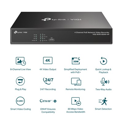 TP-LINK VIGI NVR1004H-4P 4 KANAL POE H265+ NVR KAYIT CİHAZI