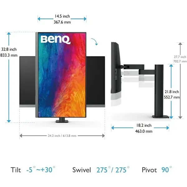 Benq Pd2706ua 27" 5Ms 4K Hdr 3840X2160 Dp/Hdmı/Type-C Pıvot Srgb Rec709 Dualvıew Ergo Arm Tasarım Monitör