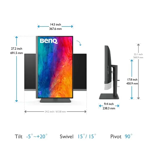 Benq Pd2706u 27" 5Ms 4K Hdr 3840X2160 Dp/Hdmı/Type-C Pıvot Srgb Rec709 Dualvıew Ergo Arm Tasarım Monitör