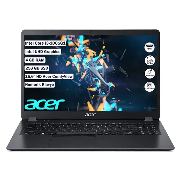 Acer Ex215-52 Nx.Eg8ey.001 I3-1005G1 4Gb 256Gb Ssd O/B Vga 15.6" Freedos Siyah Notebook