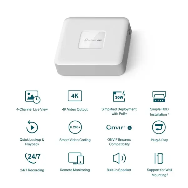 TP-LINK VIGI NVR1104H-4P 4 KANAL POE 2xHDMI 1xVGA H265+ NVR KAYIT CİHAZI