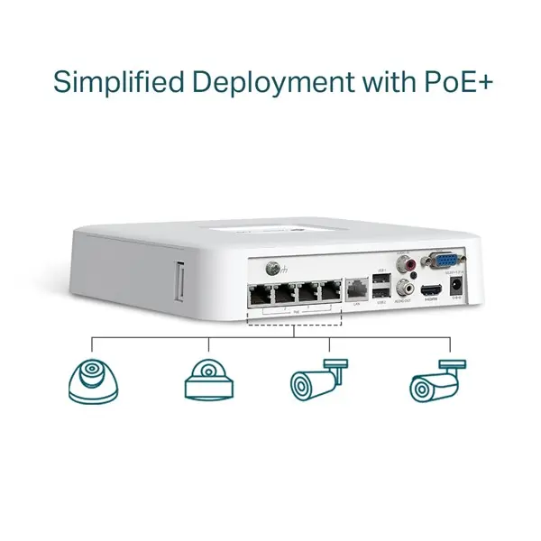 TP-LINK VIGI NVR1104H-4P 4 KANAL POE 2xHDMI 1xVGA H265+ NVR KAYIT CİHAZI