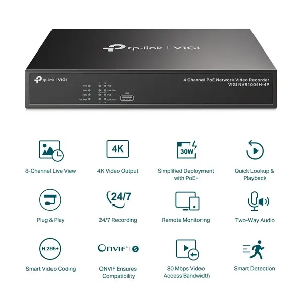 TP-LINK VIGI NVR1004H-4P 4 KANAL POE H265+ NVR KAYIT CİHAZI